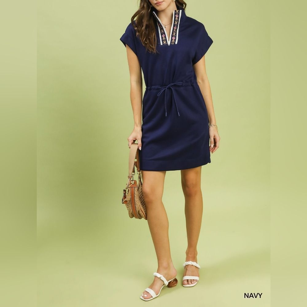 Umgee Dolman Sleeve Cinched Dress Navy Embroidered Slit Collar sz M [6]